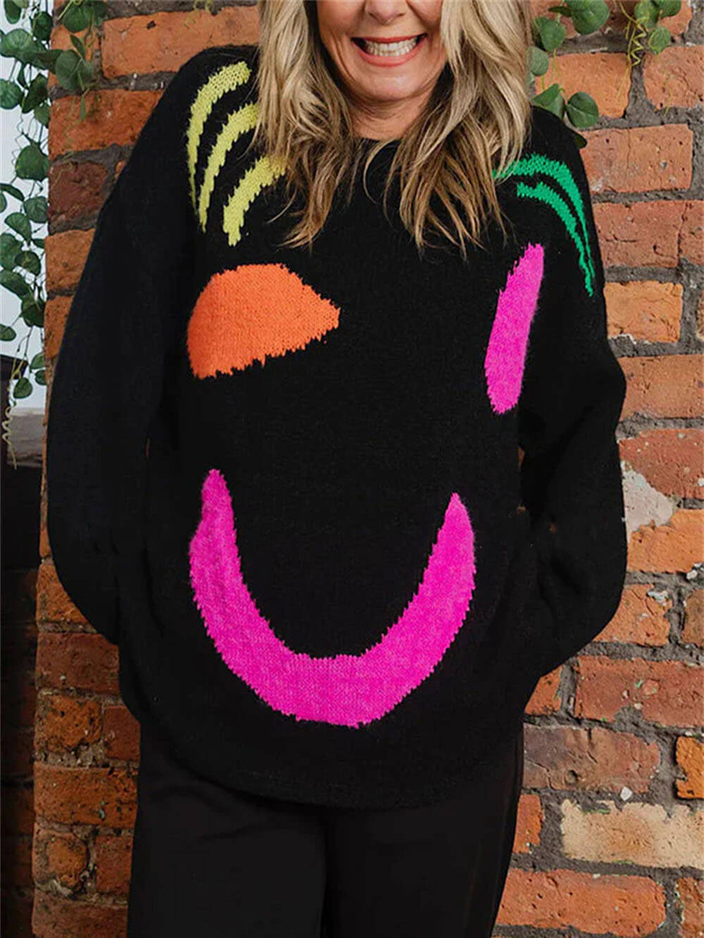 Smiley Knit™ | Women's Colorful Loose Pullover Sweater | Soft Knit Fabric, Fun Smiley Face Design, Relaxed Fit