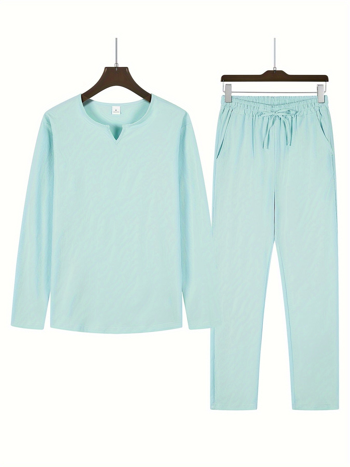Urban Vibe™ | Men's Casual Two-Piece Outfit | V-Neck Long Sleeve Top & Relaxed Fit Trousers, Lightweight Fabric