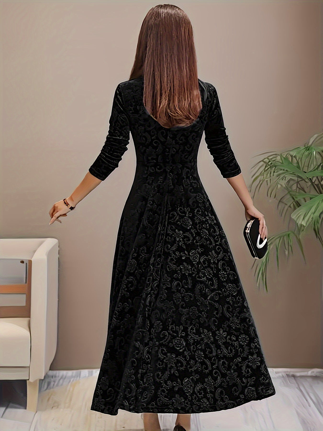 Velvet Flora™ | Women's Formal Dress | Square Neck, Floral Pattern, Luxurious Velvet Evening Wear