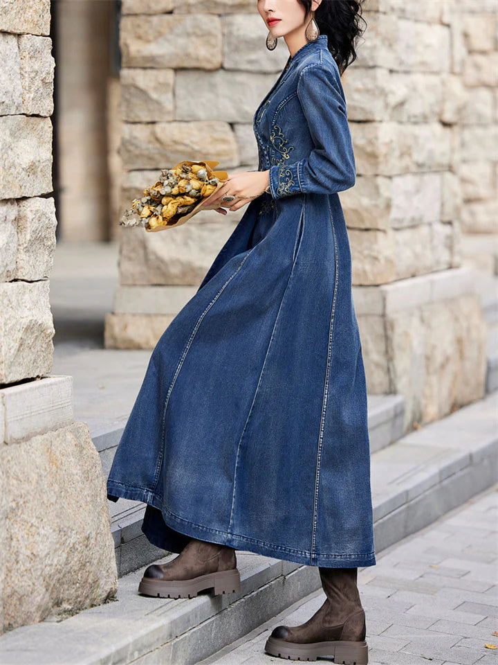 Vintage Aura™ | Ladies Vintage Embroidery Denim Dress | V-Neck, Side Slit Design, Comfortable Fit