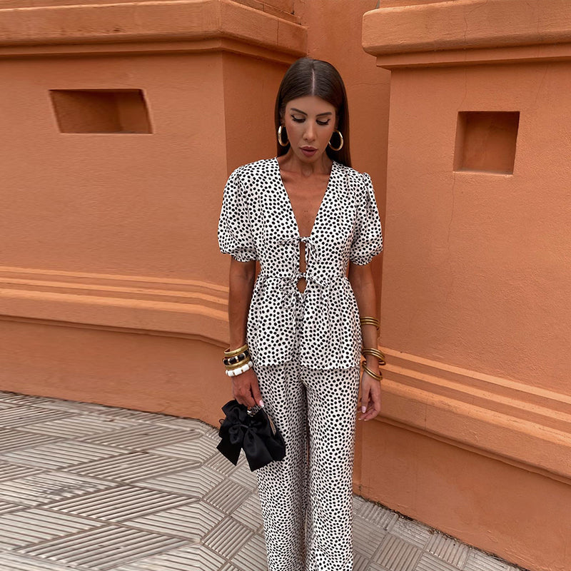Linen Aura™ | Women's Two-Piece Linen Set | Puff Sleeve Tie-Front Top & High-Waist Wide-Leg Pants