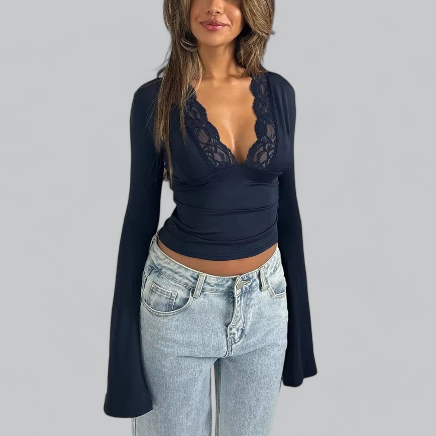 Low-Cut V-Neck Flare Lace Long Sleeve Shirt | Women's Fashion Top, Lightweight, Stylish Design for Everyday Wear