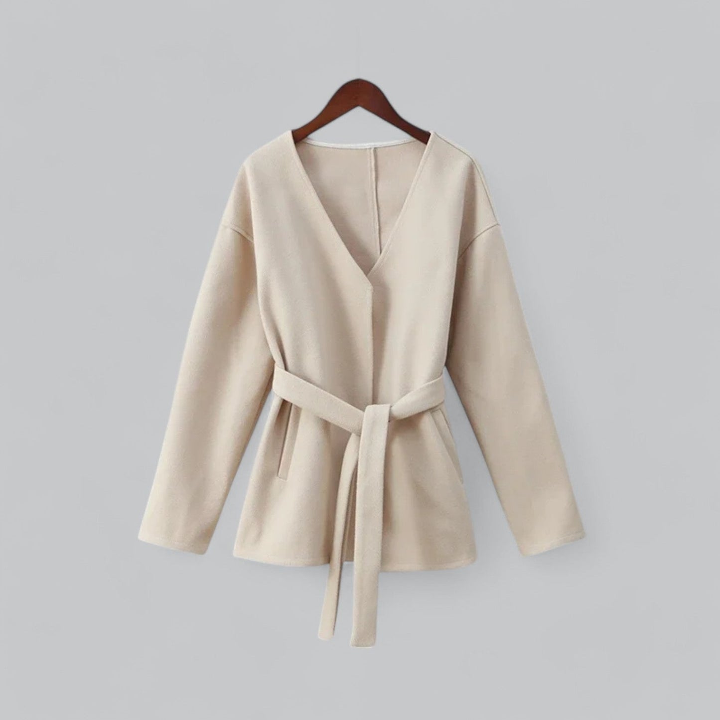 Midi Coat with Belt | Women's V-Neck Jacket | Stylish Outerwear for Fall & Winter