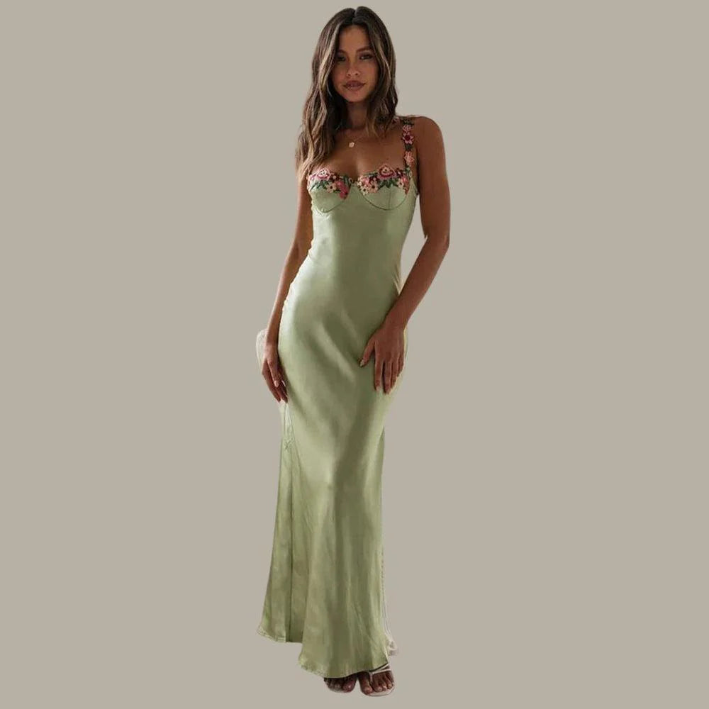 Satin Blossom™ | Women's Embroidered Maxi Dress | Floral Design, Soft Satin Fabric & Elegant Flowing Silhouette