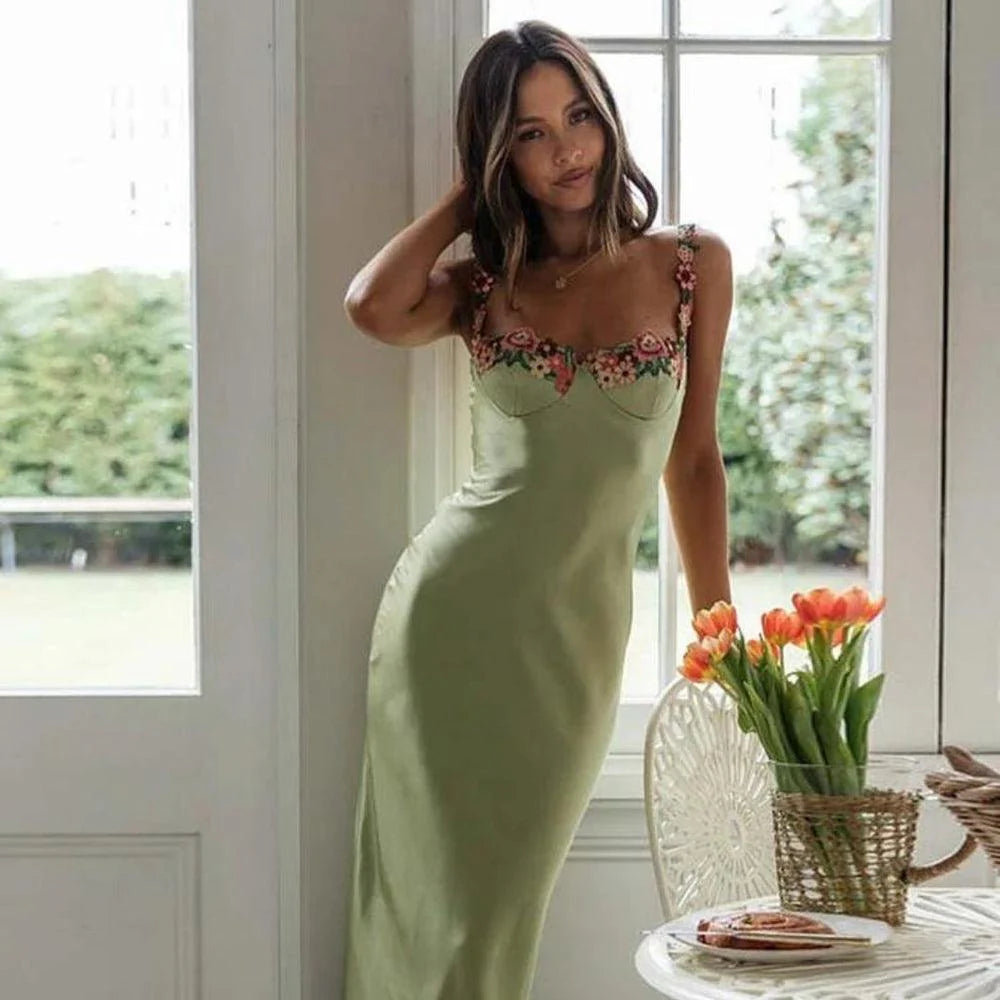 Satin Blossom™ | Women's Embroidered Maxi Dress | Floral Design, Soft Satin Fabric & Elegant Flowing Silhouette