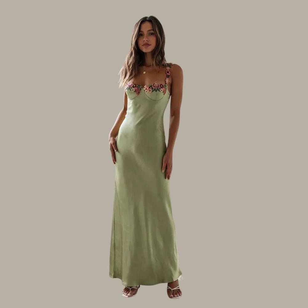 Satin Blossom™ | Women's Embroidered Maxi Dress | Floral Design, Soft Satin Fabric & Elegant Flowing Silhouette