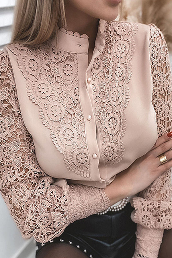 Lace Aura™ | Women's Lace Cut-Out Mandarin Collar Top | Stylish Buckle Detail, Breathable Fabric & Modern Fit