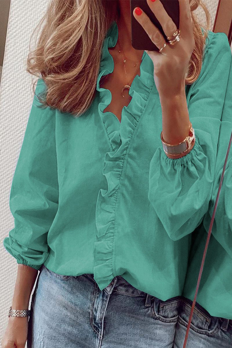 Ruffle Vibe™ | Women's Long Sleeve V-Neck Blouse | Lightweight Fabric, Ruffled Details & Flattering Fit