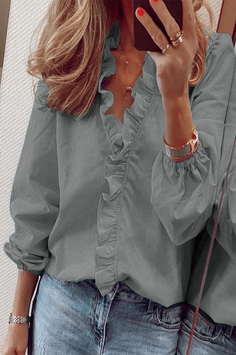 Ruffle Vibe™ | Women's Long Sleeve V-Neck Blouse | Lightweight Fabric, Ruffled Details & Flattering Fit