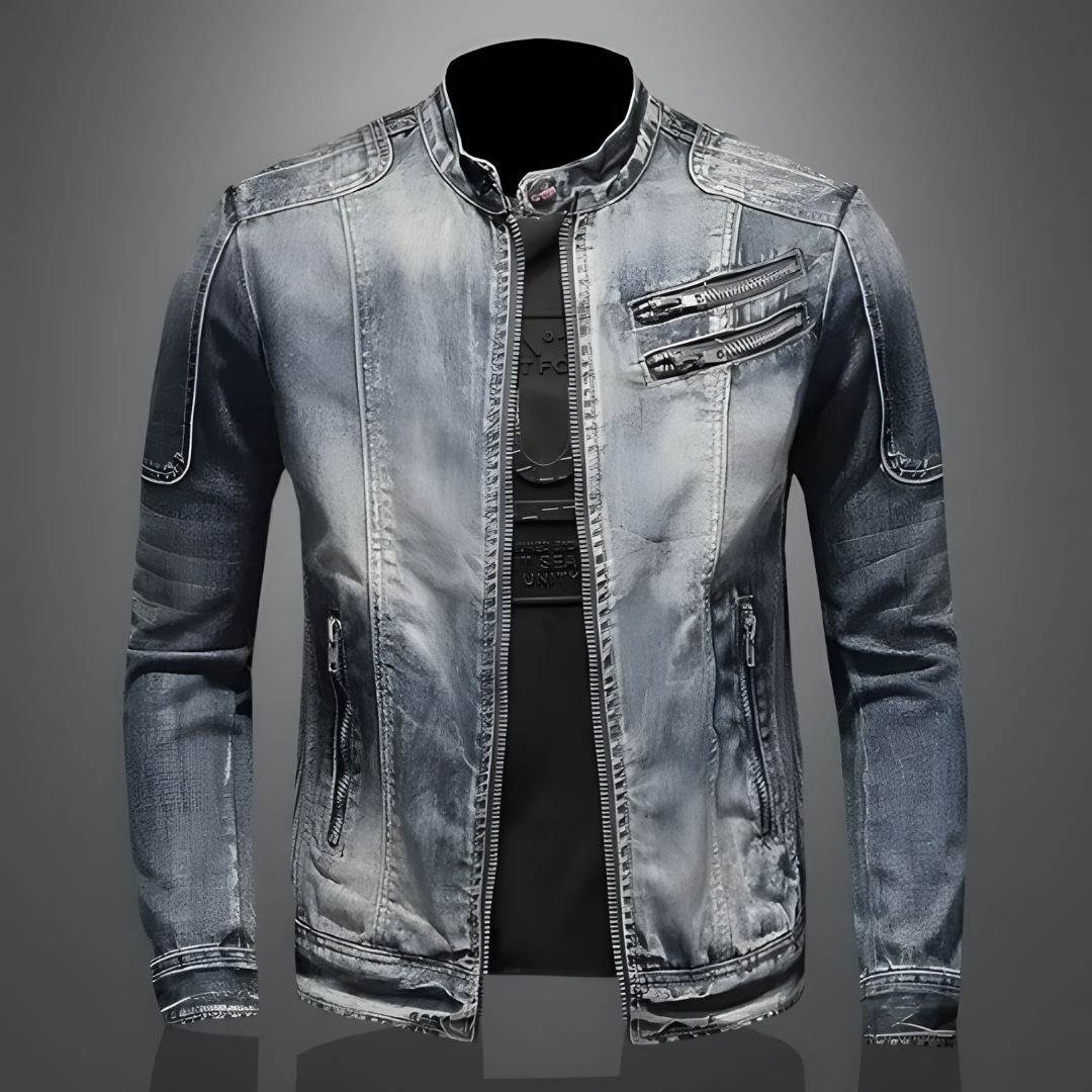 DenimCraft™ | Men's Slim Fit Denim Jacket | Mandarin Collar, Zipper Accents & Durable Stitching