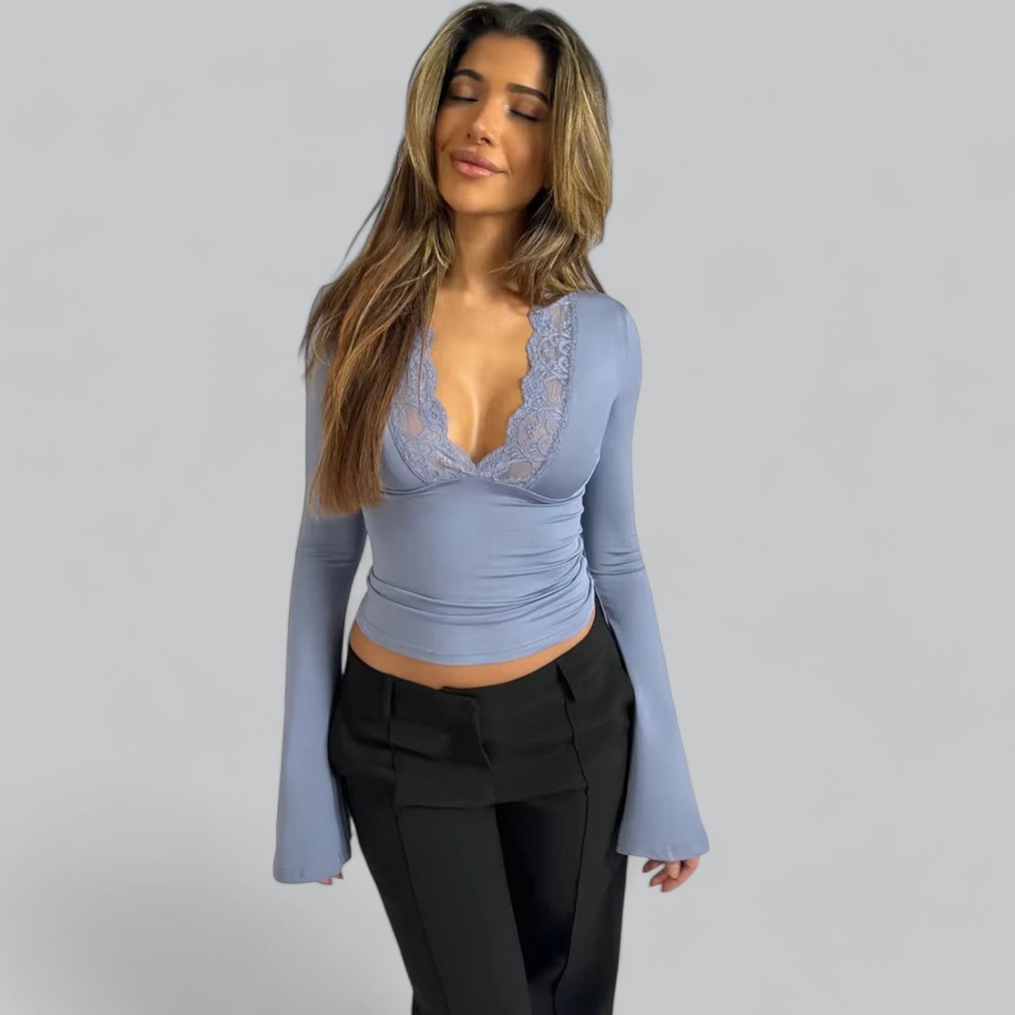Low-Cut V-Neck Flare Lace Long Sleeve Shirt | Women's Fashion Top, Lightweight, Stylish Design for Everyday Wear