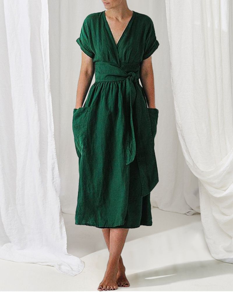 Linen Belle™ | Women's Wrap Dress | Soft Linen-Cotton Blend, Adjustable Tie Waist & Flattering Silhouette