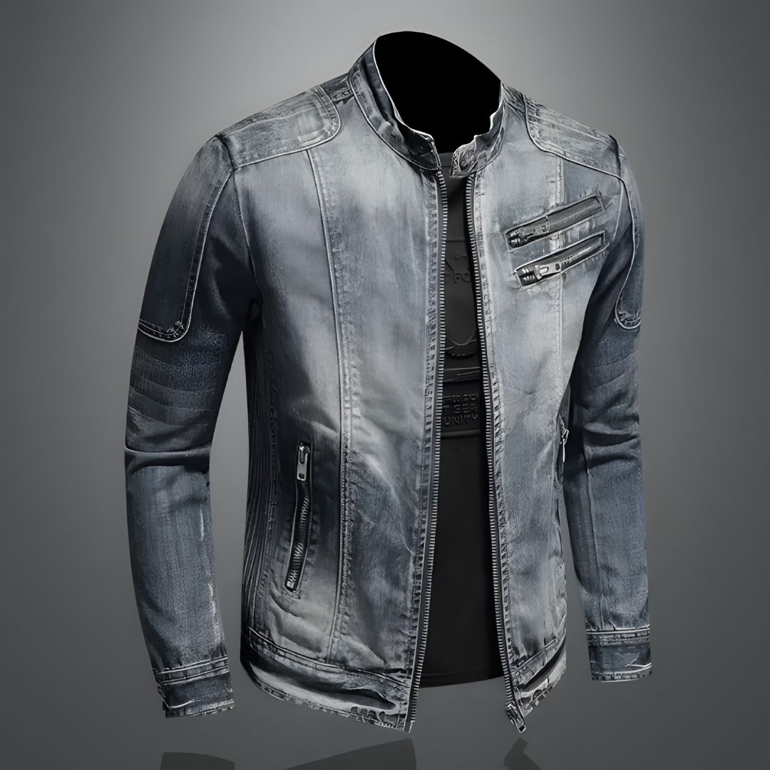 DenimCraft™ | Men's Slim Fit Denim Jacket | Mandarin Collar, Zipper Accents & Durable Stitching