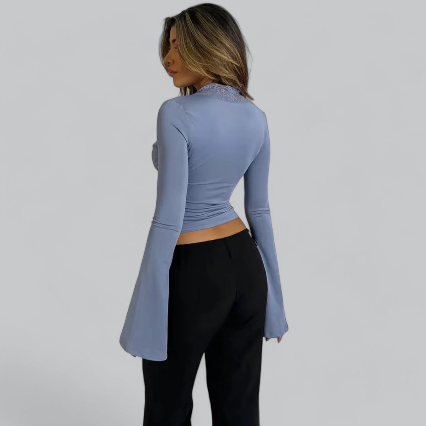 Low-Cut V-Neck Flare Lace Long Sleeve Shirt | Women's Fashion Top, Lightweight, Stylish Design for Everyday Wear