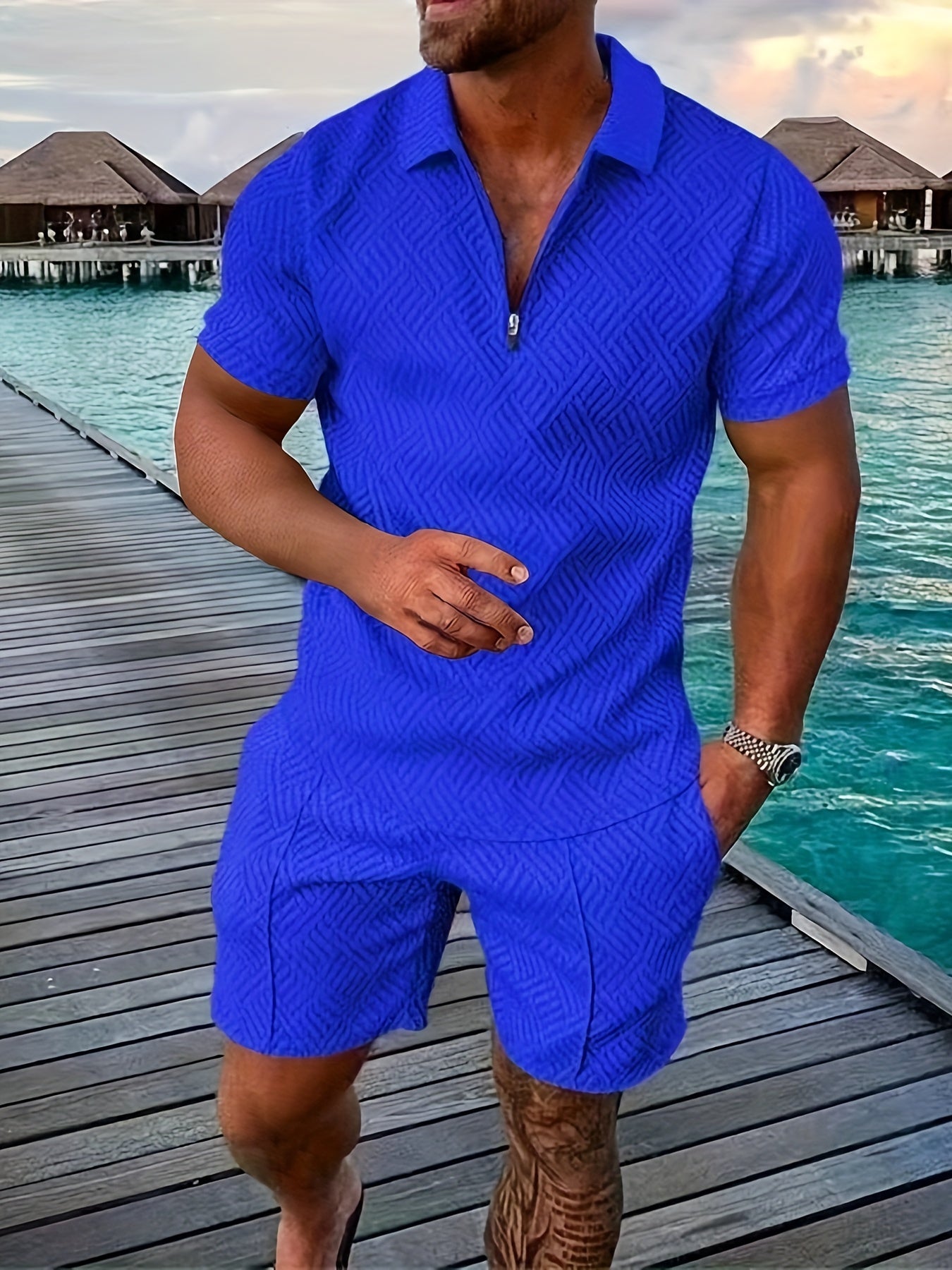 GeoFlex™ | Men's Geometric Zip-Up Short Set | Lightweight Fabric, Stylish Design & Comfortable Fit