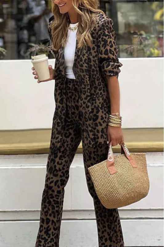 Leopard Luxe™ | Women's Relaxed Lapel Blazer & Elastic Waist Pants Set | Stylish Leopard Print, Comfortable Fit