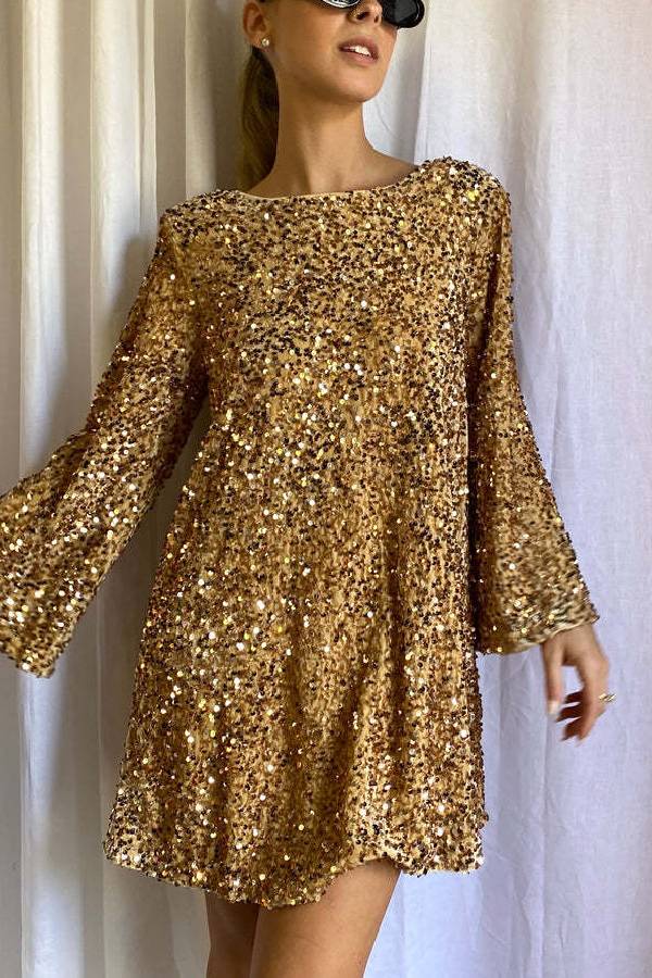 Sequin Belle™ | Women's Mini Dress | All-Over Sequin, Back Tie-Up Bow Design, Loose Fit