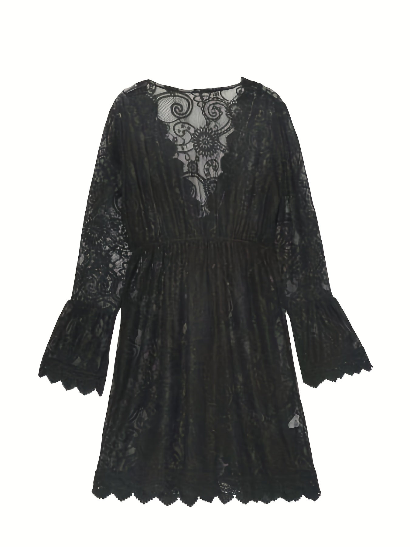 Lace Vespera™ | Women's Lace V-Neck Midi Dress | Summer Knit, Slit Hem & Long Sleeves for Beachwear