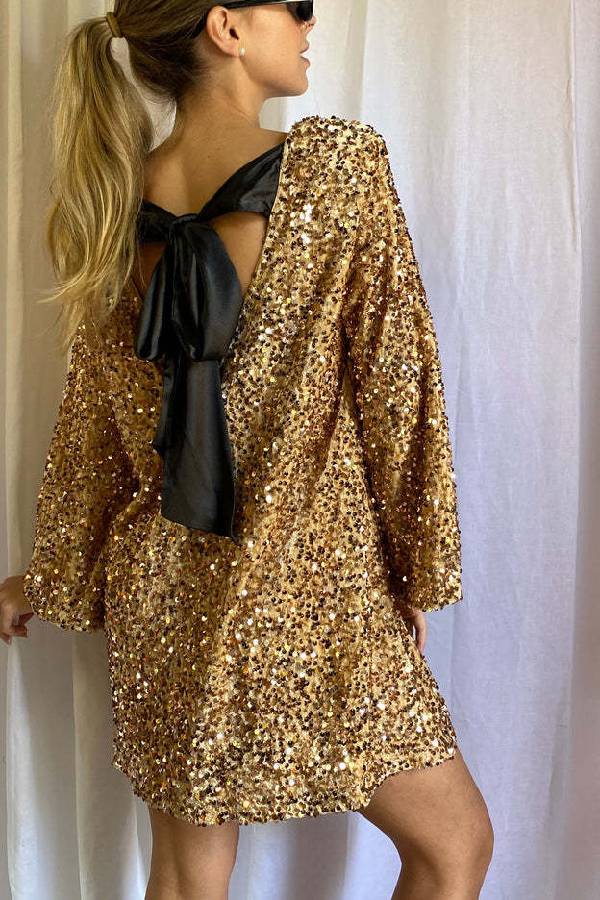 Sequin Belle™ | Women's Mini Dress | All-Over Sequin, Back Tie-Up Bow Design, Loose Fit