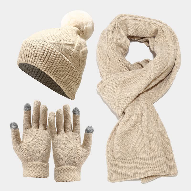 3-Piece Knitted Accessory Set for Women - Hat, Scarf and Gloves in Soft Fabric