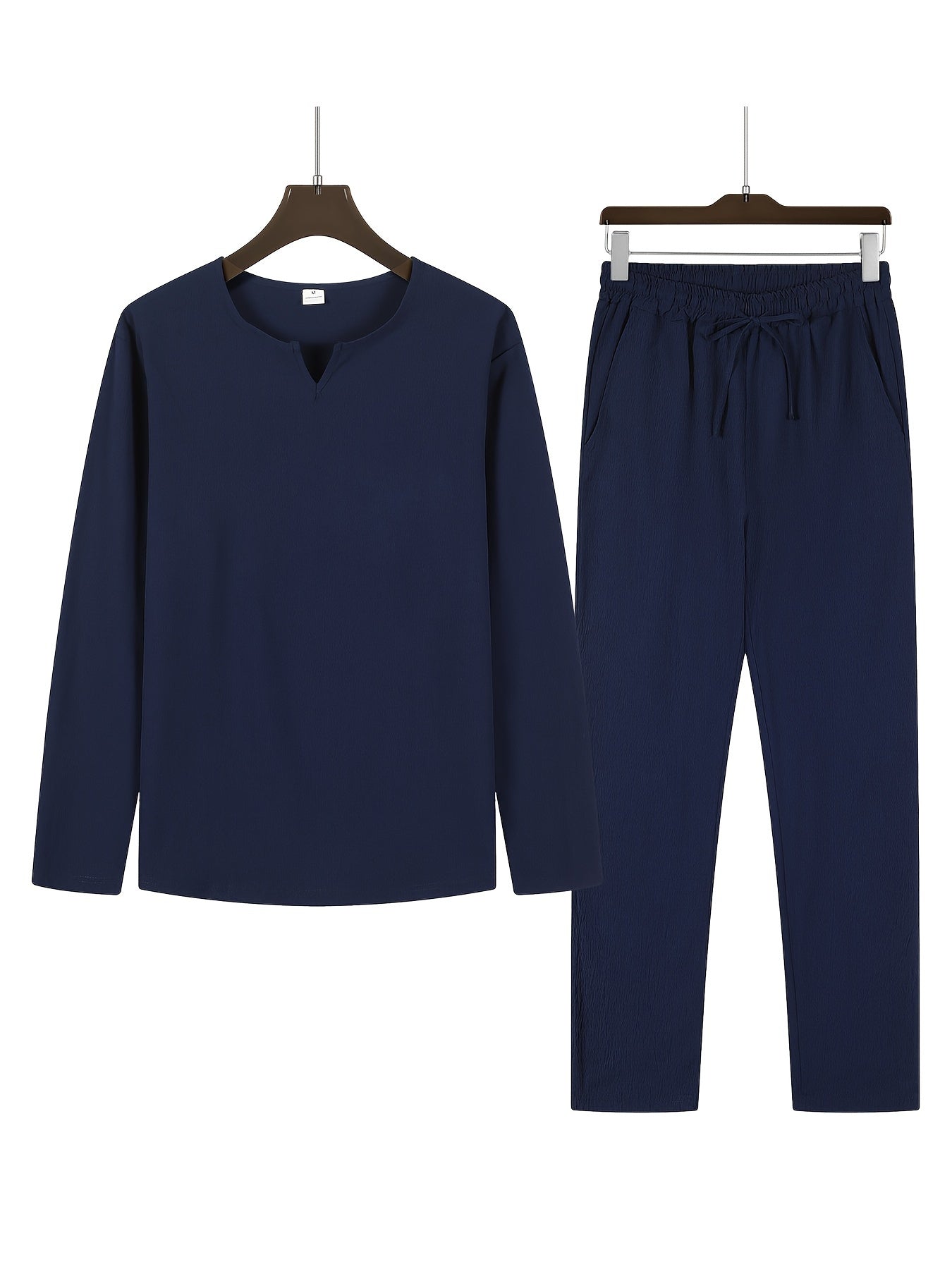 Urban Vibe™ | Men's Casual Two-Piece Outfit | V-Neck Long Sleeve Top & Relaxed Fit Trousers, Lightweight Fabric