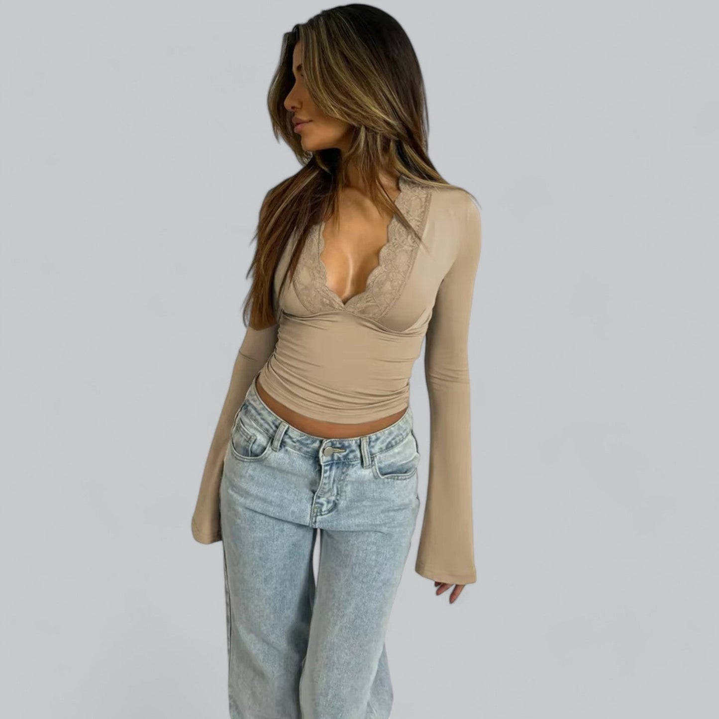 Low-Cut V-Neck Flare Lace Long Sleeve Shirt | Women's Fashion Top, Lightweight, Stylish Design for Everyday Wear