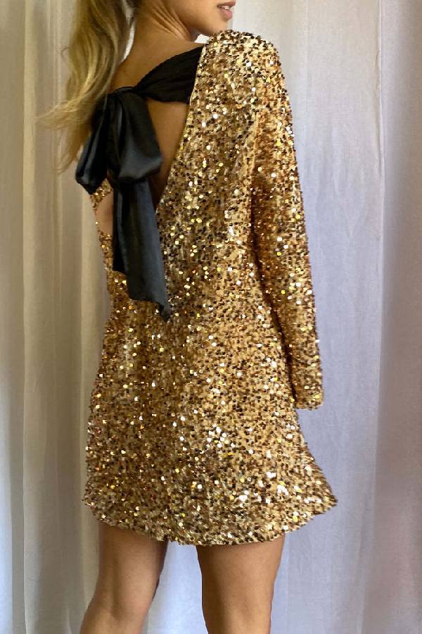 Sequin Belle™ | Women's Mini Dress | All-Over Sequin, Back Tie-Up Bow Design, Loose Fit