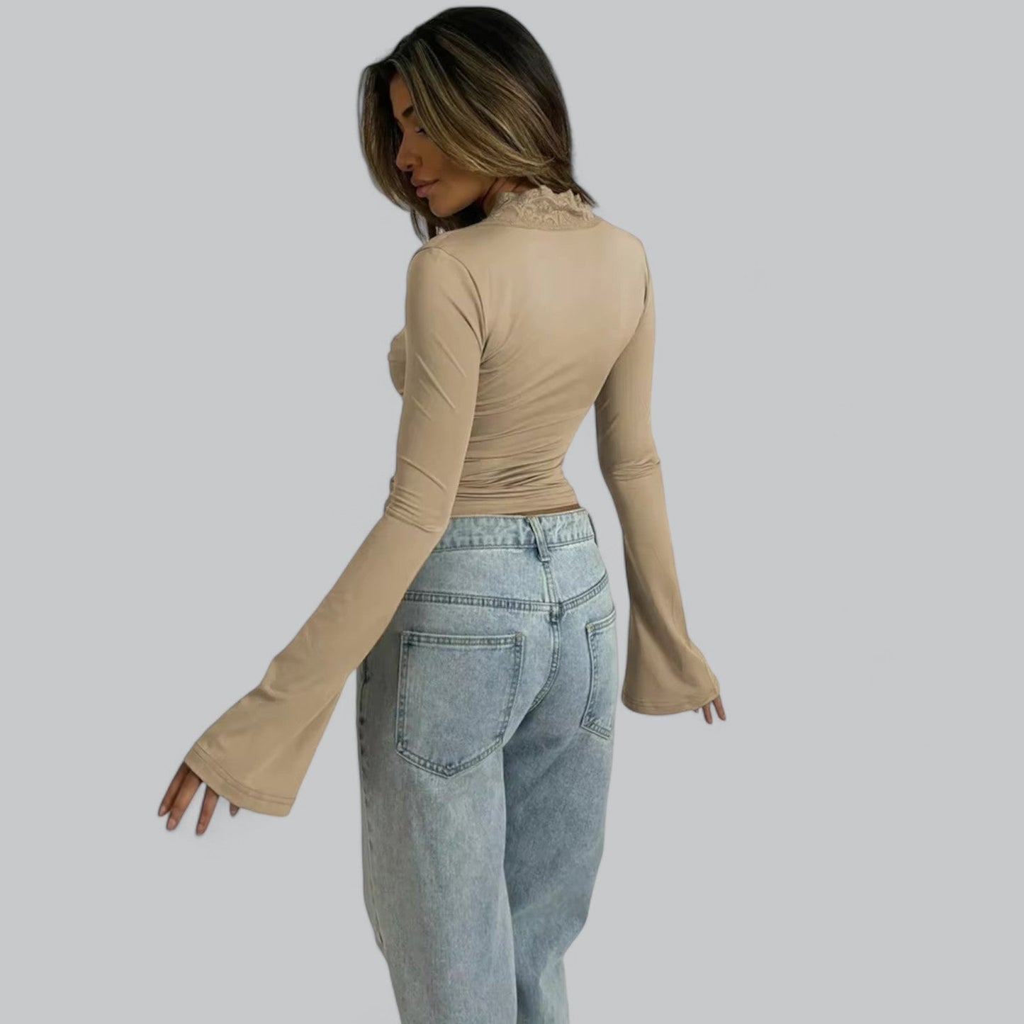 Low-Cut V-Neck Flare Lace Long Sleeve Shirt | Women's Fashion Top, Lightweight, Stylish Design for Everyday Wear