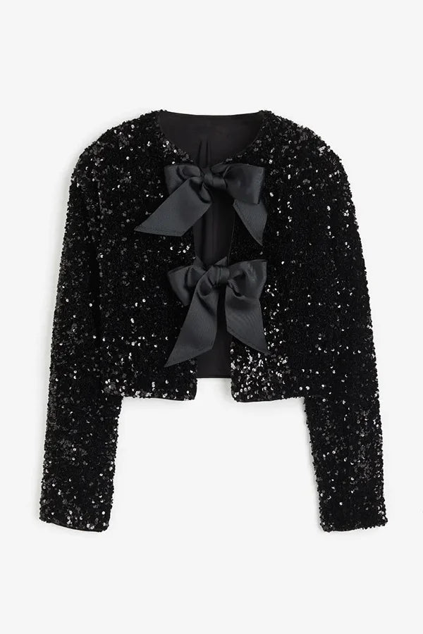 Bowtie Luxe™ | Women's Tie-Front Bow Sequined Jacket | Stylish Sequins, Front Tie Closure & Lightweight Design