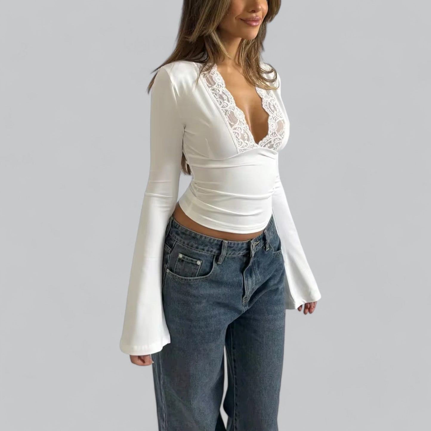 Low-Cut V-Neck Flare Lace Long Sleeve Shirt | Women's Fashion Top, Lightweight, Stylish Design for Everyday Wear