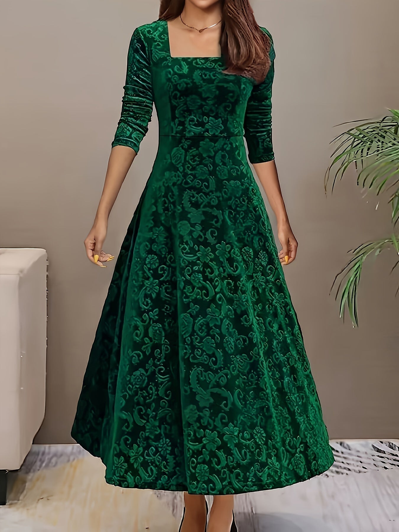 Velvet Flora™ | Women's Formal Dress | Square Neck, Floral Pattern, Luxurious Velvet Evening Wear