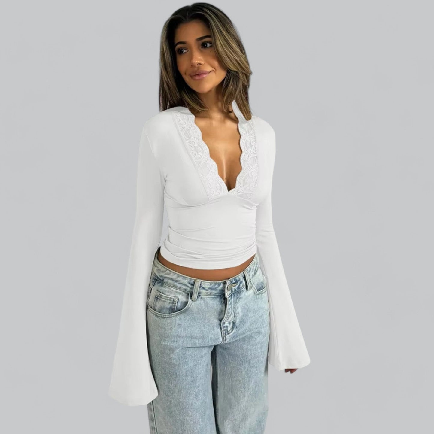 Low-Cut V-Neck Flare Lace Long Sleeve Shirt | Women's Fashion Top, Lightweight, Stylish Design for Everyday Wear