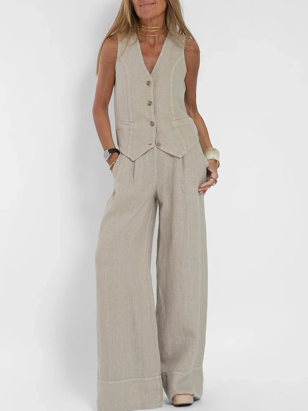 LuxeFit™ | Women's Tailored Linen Vest | Lightweight, Fitted Buttoned Front for Stylish Comfort
