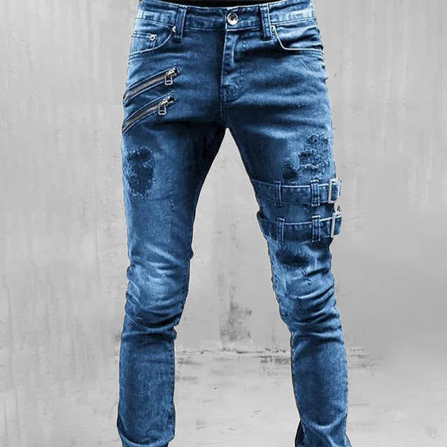 Biker Edge™ | Men's Ripped Skinny Jeans | Punk Style, Buckle Detail, Stretch Fabric for Comfort