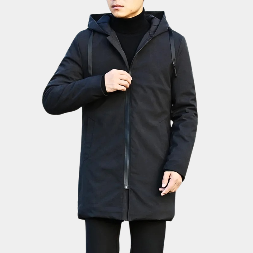 Hooded Noir™ | Men's Black Coat | Warm Fabric, Front Pockets & Adjustable Hood