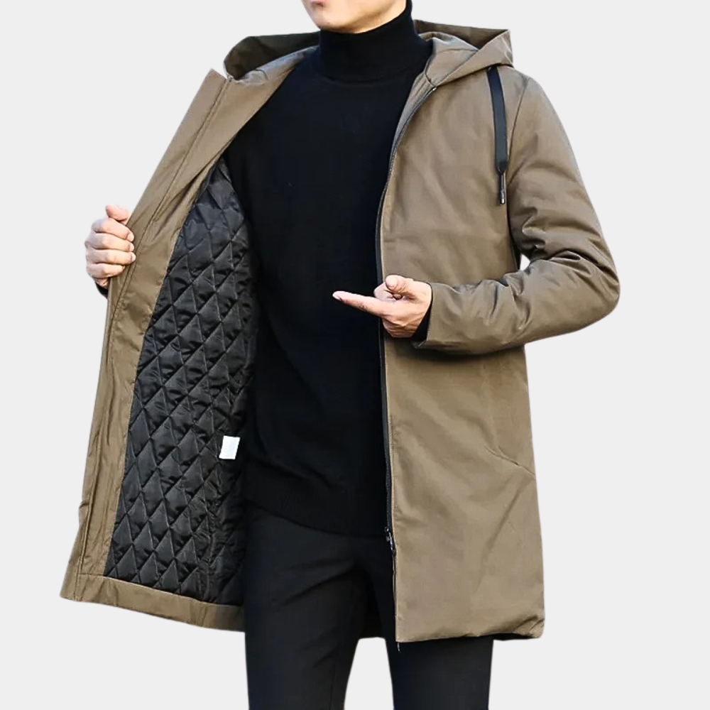 Hooded Noir™ | Men's Black Coat | Warm Fabric, Front Pockets & Adjustable Hood