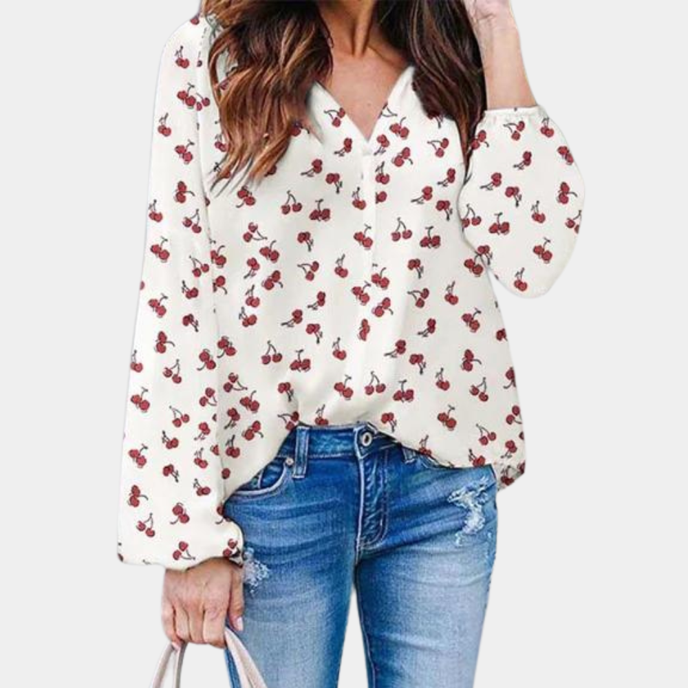 Cherry Blossom™ | Women's Lightweight Blouse | V-Neckline, Long Sleeve, Casual Cherry Print Design
