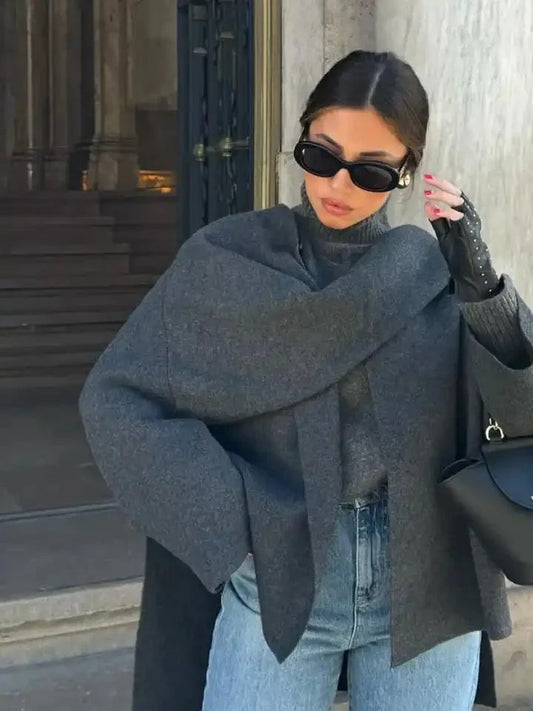 Woolen Grace™ | Vintage Woolen Short Coat | Grey, Includes Scarf, Warm & Stylish Design