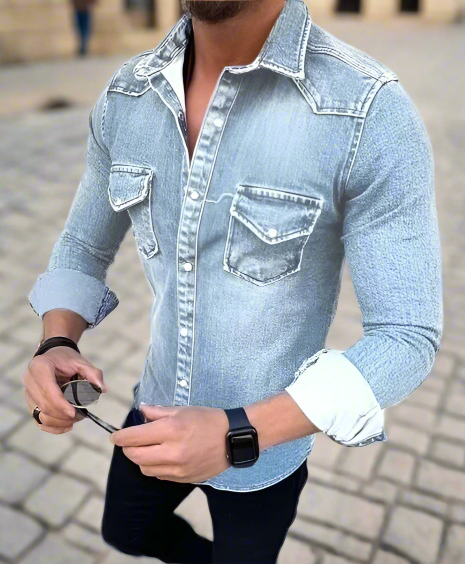 Denim Luxe™ | Men's Sustainable Slim Fit Denim Shirt | Cotton Blend, Casual & Smart Design