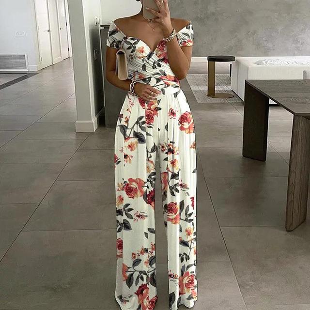 Floral Belle™ | Women's Off-Shoulder Floral Jumpsuit | Wrap Bust, Wide-Leg Design & Elegant Fit
