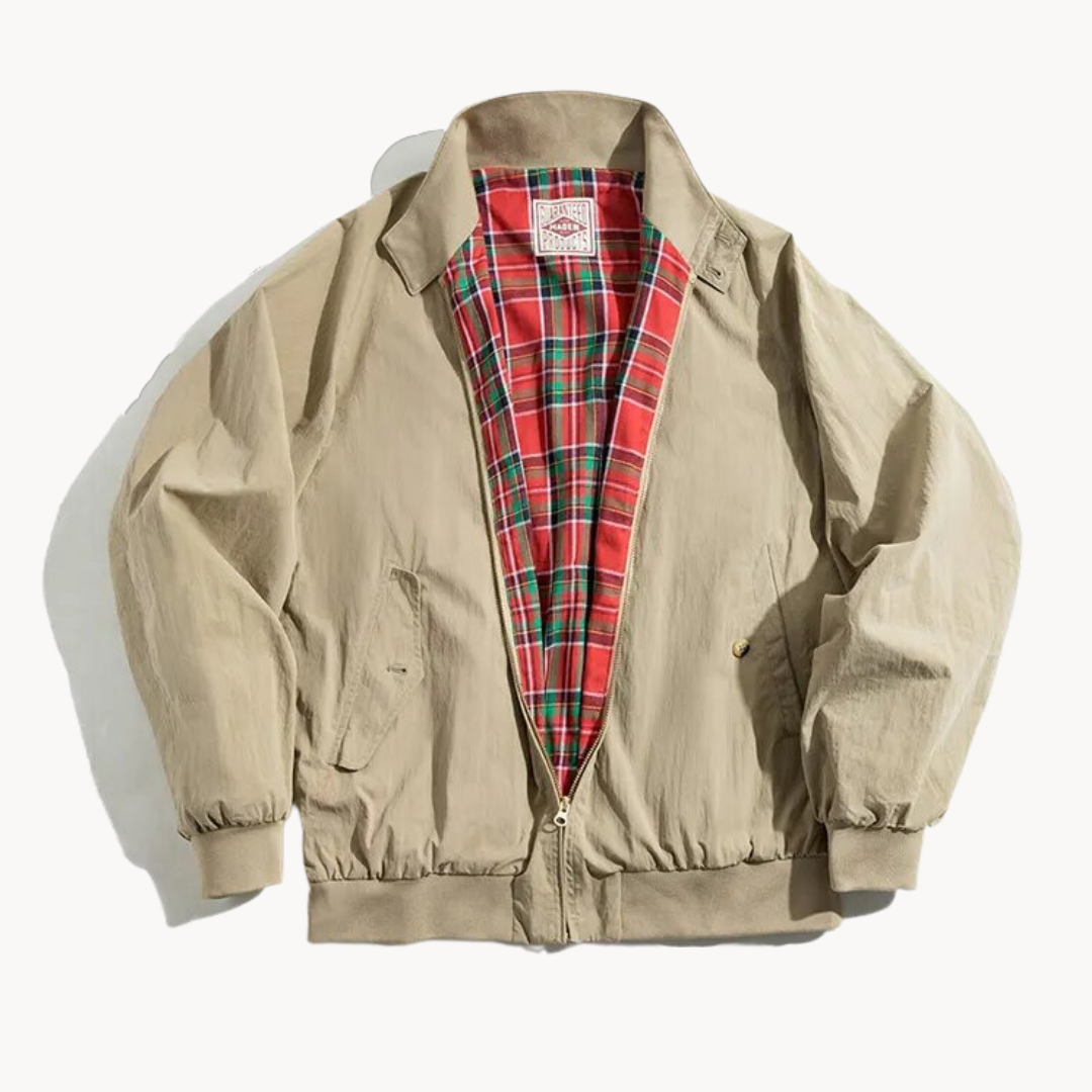 Halwood | Mens Beige Harrington Jacket Classic Cotton Blouson Retro Mod Style Lightweight Bomber Coat