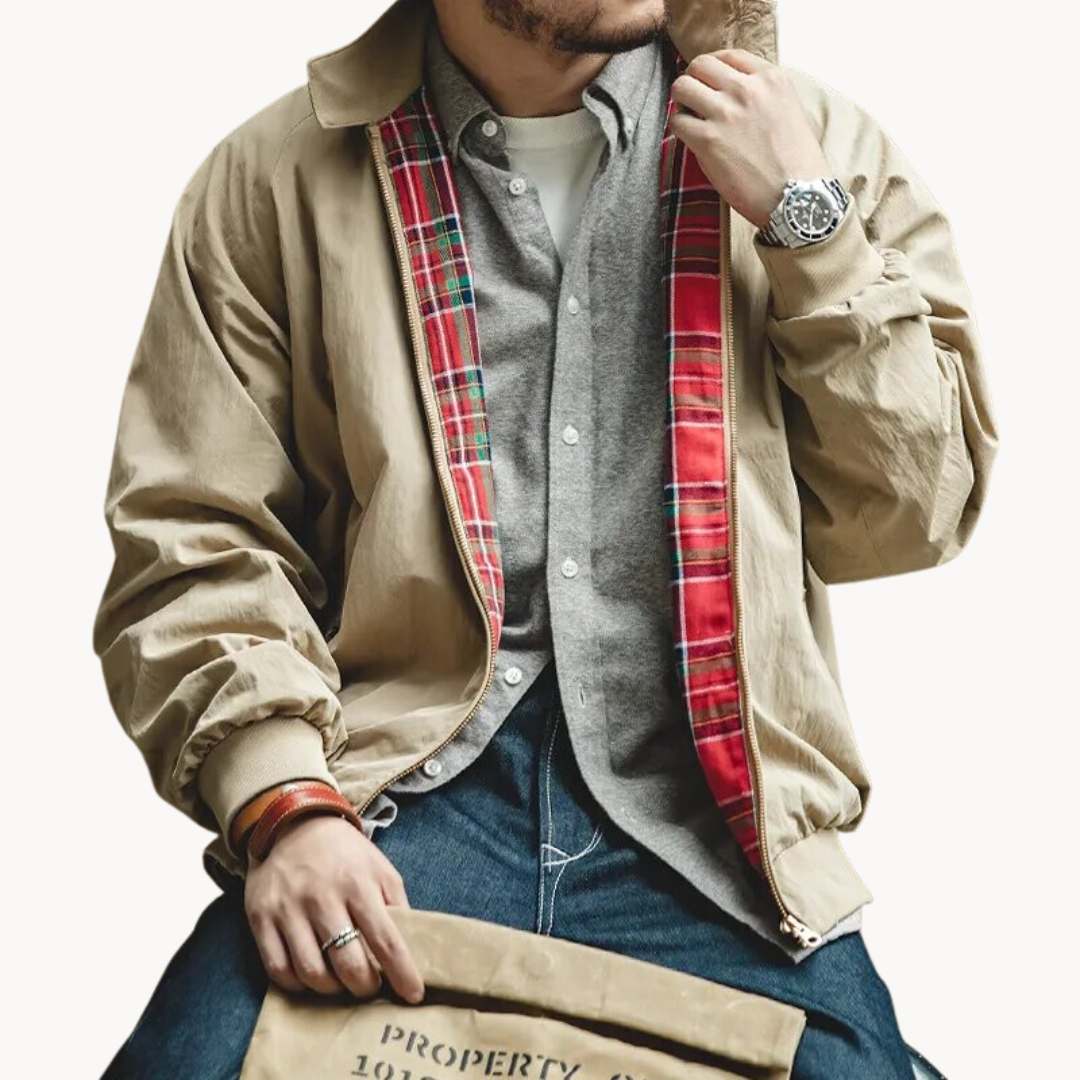 Halwood | Mens Beige Harrington Jacket Classic Cotton Blouson Retro Mod Style Lightweight Bomber Coat