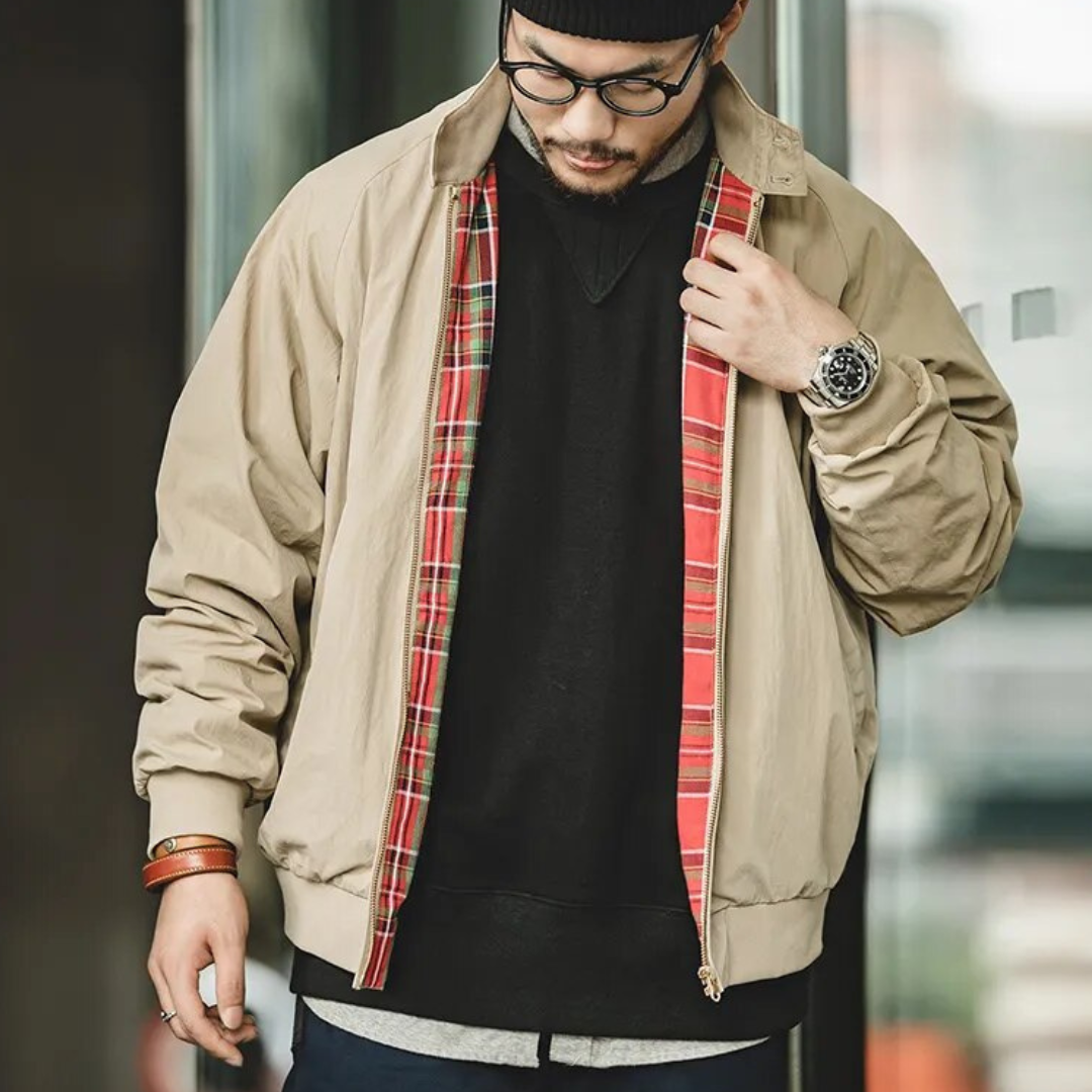 Halwood | Mens Beige Harrington Jacket Classic Cotton Blouson Retro Mod Style Lightweight Bomber Coat
