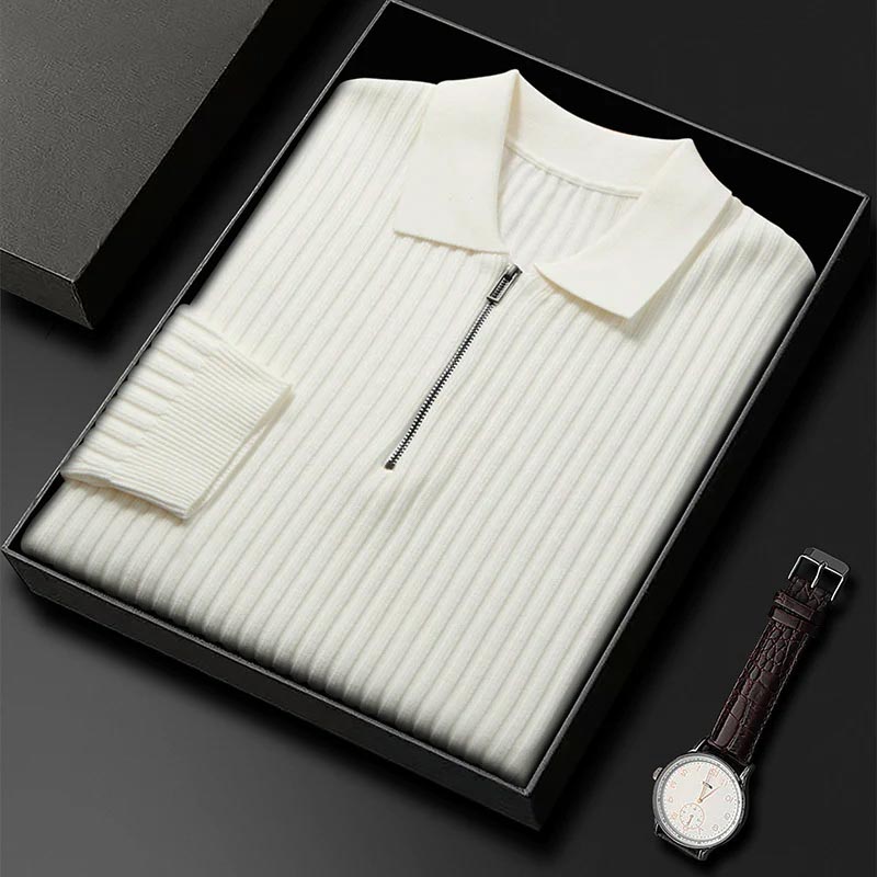 Knit Luxe™ | Men's Ribbed Knit Polo Sweater | Zip Neck, Long Sleeve, Textured Stretch Fit