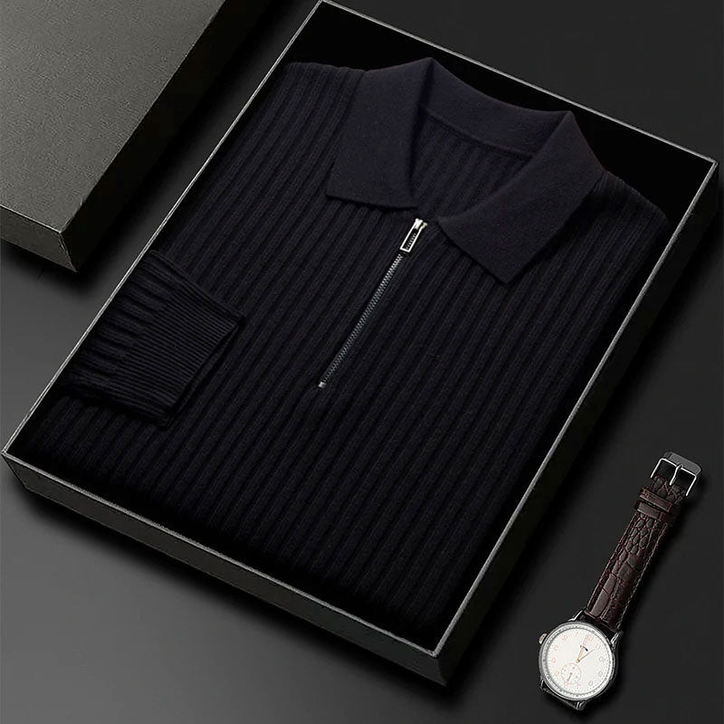 Knit Luxe™ | Men's Ribbed Knit Polo Sweater | Zip Neck, Long Sleeve, Textured Stretch Fit