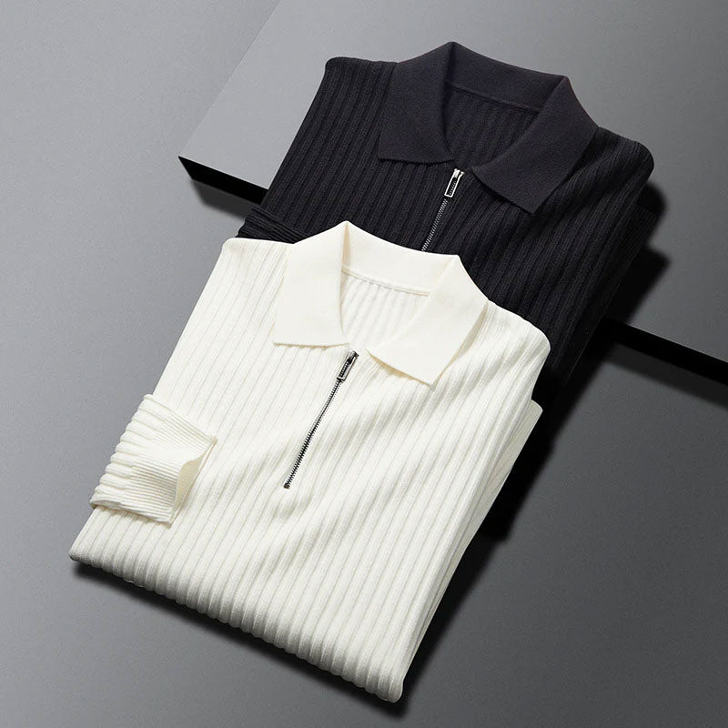 Knit Luxe™ | Men's Ribbed Knit Polo Sweater | Zip Neck, Long Sleeve, Textured Stretch Fit