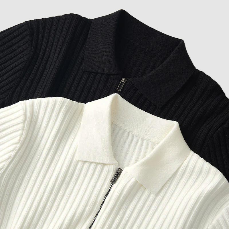 Knit Luxe™ | Men's Ribbed Knit Polo Sweater | Zip Neck, Long Sleeve, Textured Stretch Fit