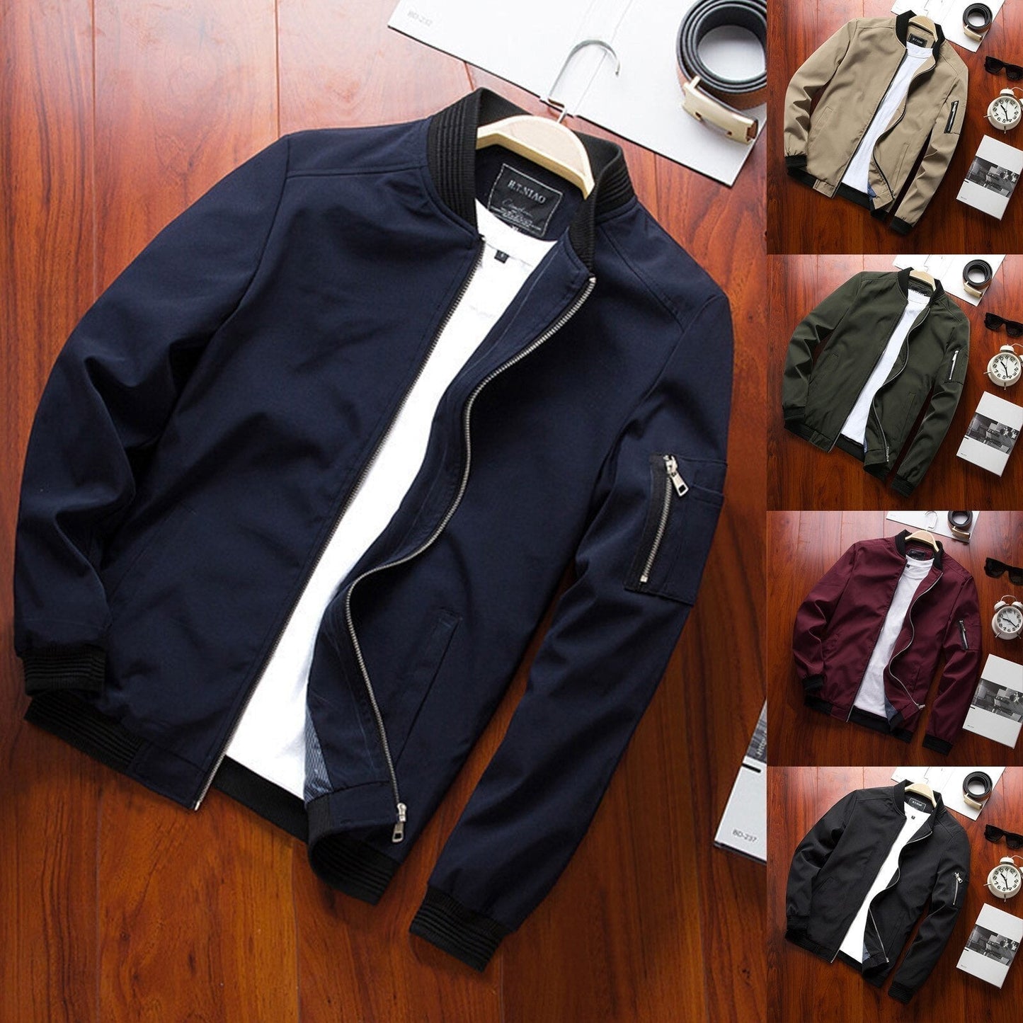 Veyron | Mens Waterproof Bomber Jacket in Navy Blue Lightweight Casual Zip-Up Coat for Everyday Streetwear & Travel