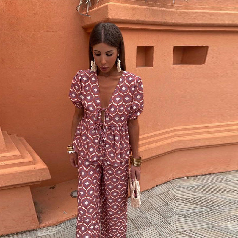 Linen Aura™ | Women's Two-Piece Linen Set | Puff Sleeve Tie-Front Top & High-Waist Wide-Leg Pants