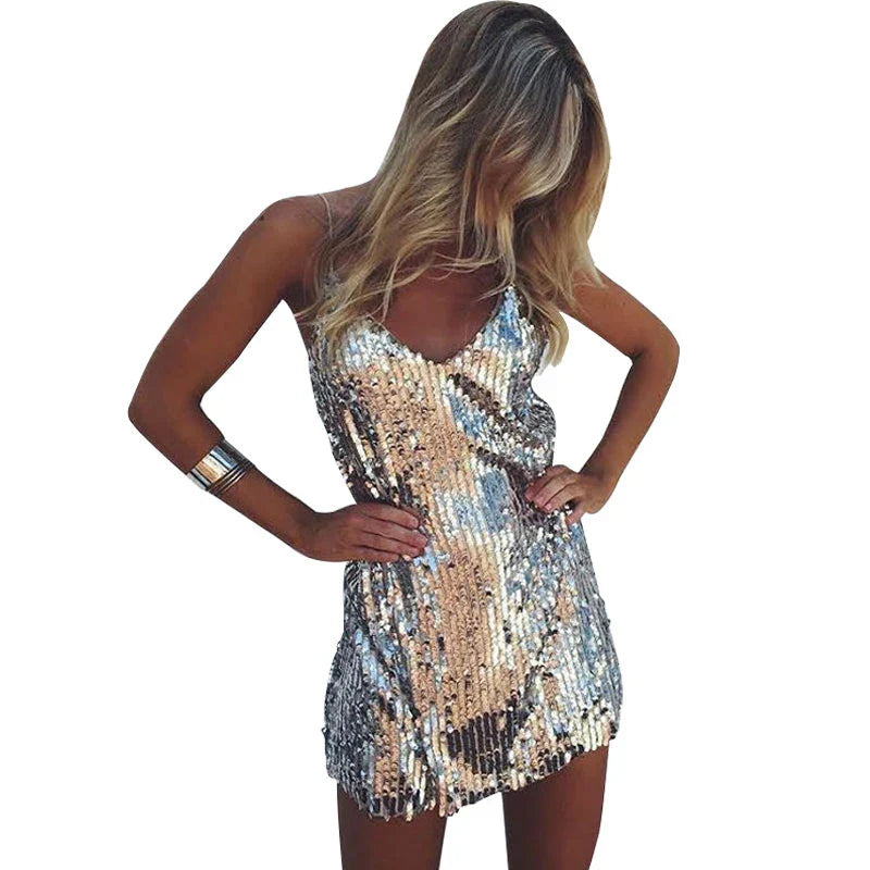 Sequined Aura™ | Women's Backless Mini Dress | Deep V Neck, Off Shoulder, Silver Sequins for Party & Club Wear